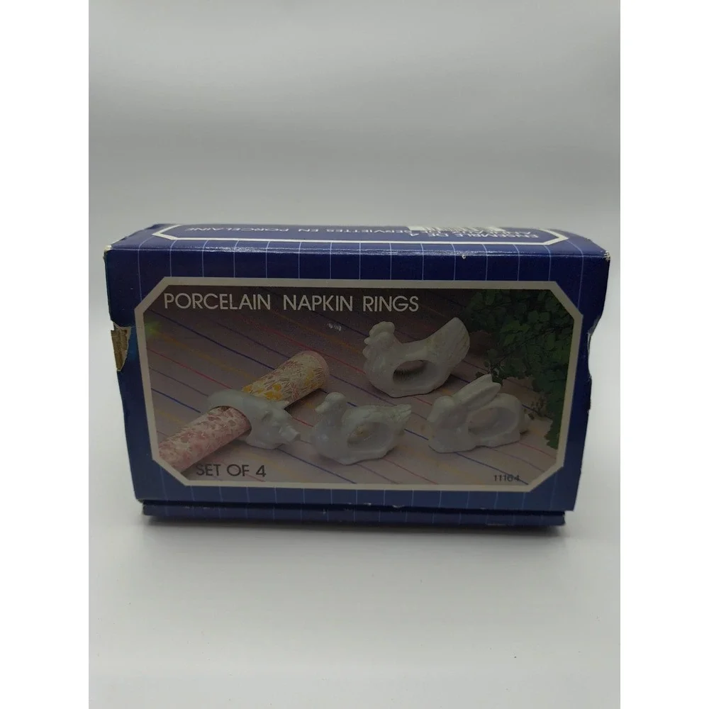 VTG Porcelain Napkin Rings 1984 Bunny Pig Duck Chicken Farm In Original Box